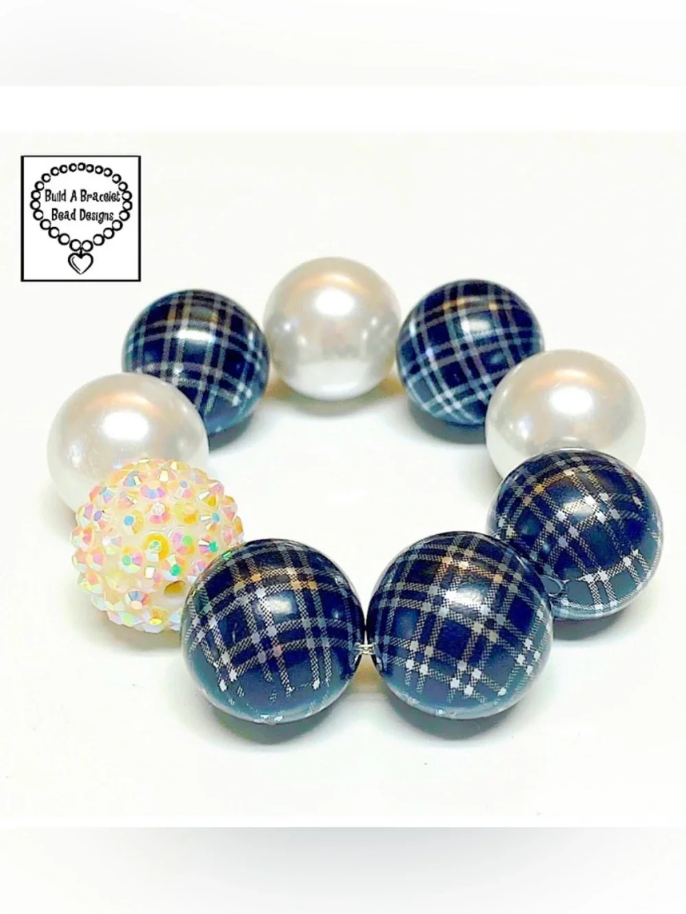 Handmade Girls Black Plaid & Pearl Bracelet Stretch Handmade Dressy Glam Jewelry